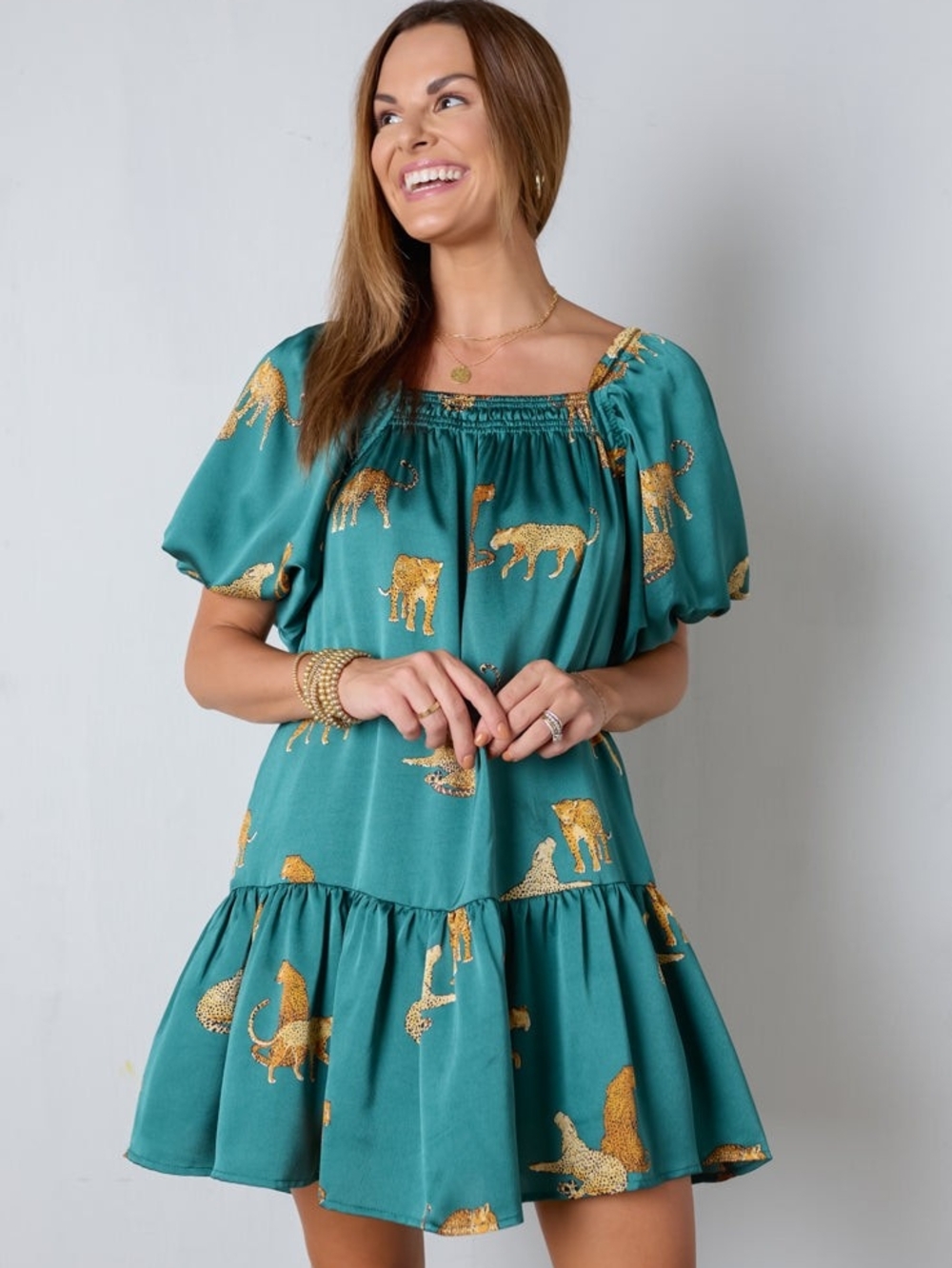 entro Teal Mini Dress with Gold Leopard Motif